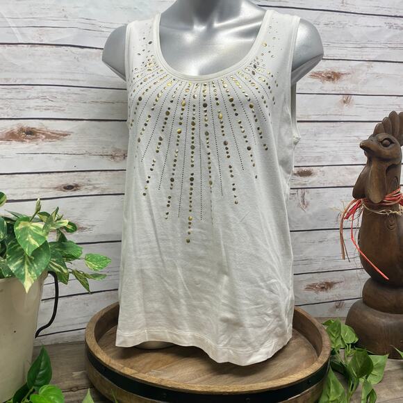 Chicos 2 Medium White Embellished Tank Top Sunburst Sleeveless Shirt Gold Detail - Picture 1 of 14